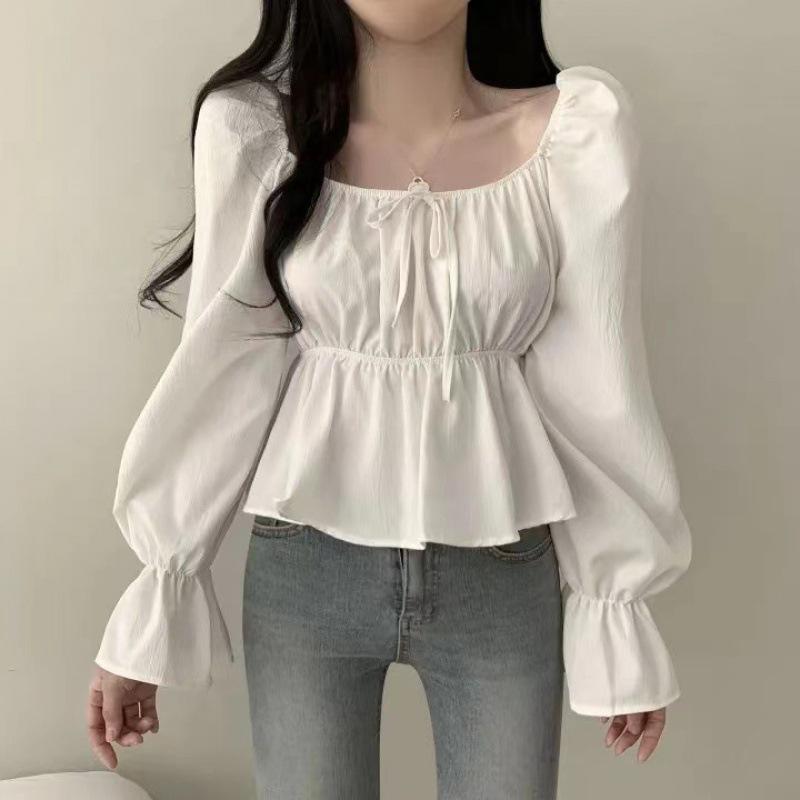 Camicia da Donna Dolce Stile Coreano per Primavera/Autunno, Scollo Quadrato, Vita Legata, Maniche a Campana Arricciate, Modellante
