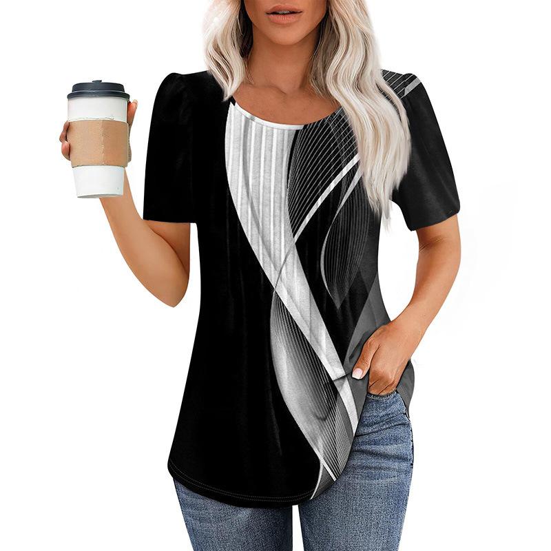 European And American Women's Tops New Style Pleated Round Neck Short-sleeved T-shirt Women's Shirt