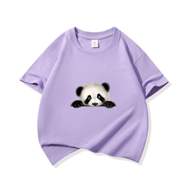 Kids Cotton T Shirt Cute Peeking Panda Print Crew Neck Short Sleeve Tee Casual Breathable Boys Girls Summer Tops
