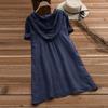 Fashion Women's Cotton And Linen Fake Pocket Drawstring Hooded Short Sleeve Solid Color Button Dress