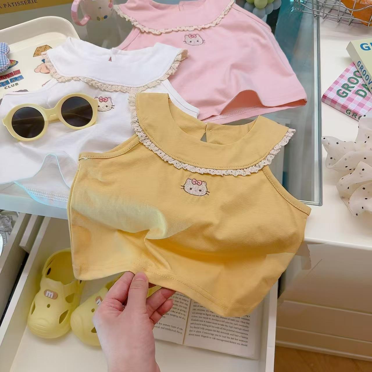 Girls Summer Cotton Embroidered Cat Cartoon Vest Cute Peter Pan Collar Sleeveless Top 80cm