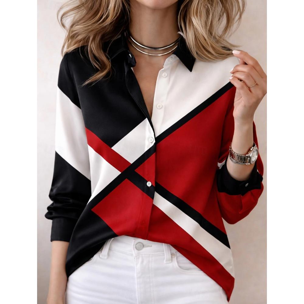 Geometric Print Women Blouse Spring Autumn Femme Office Lady Button Up Turn Down Collar Shirts