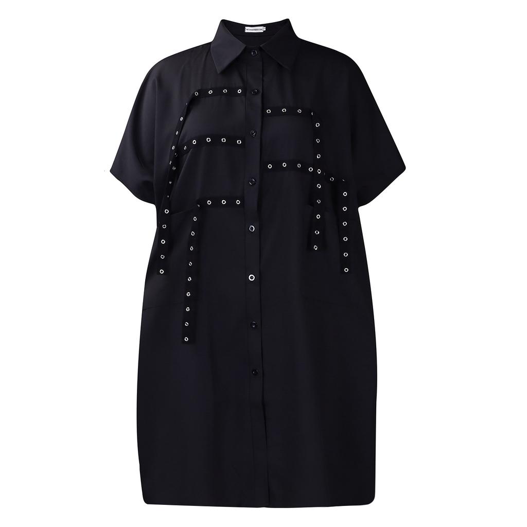 Women Short Sleeve Shirt Dress with Bow Tie Belt and Pockets Solid Color Casual Dress