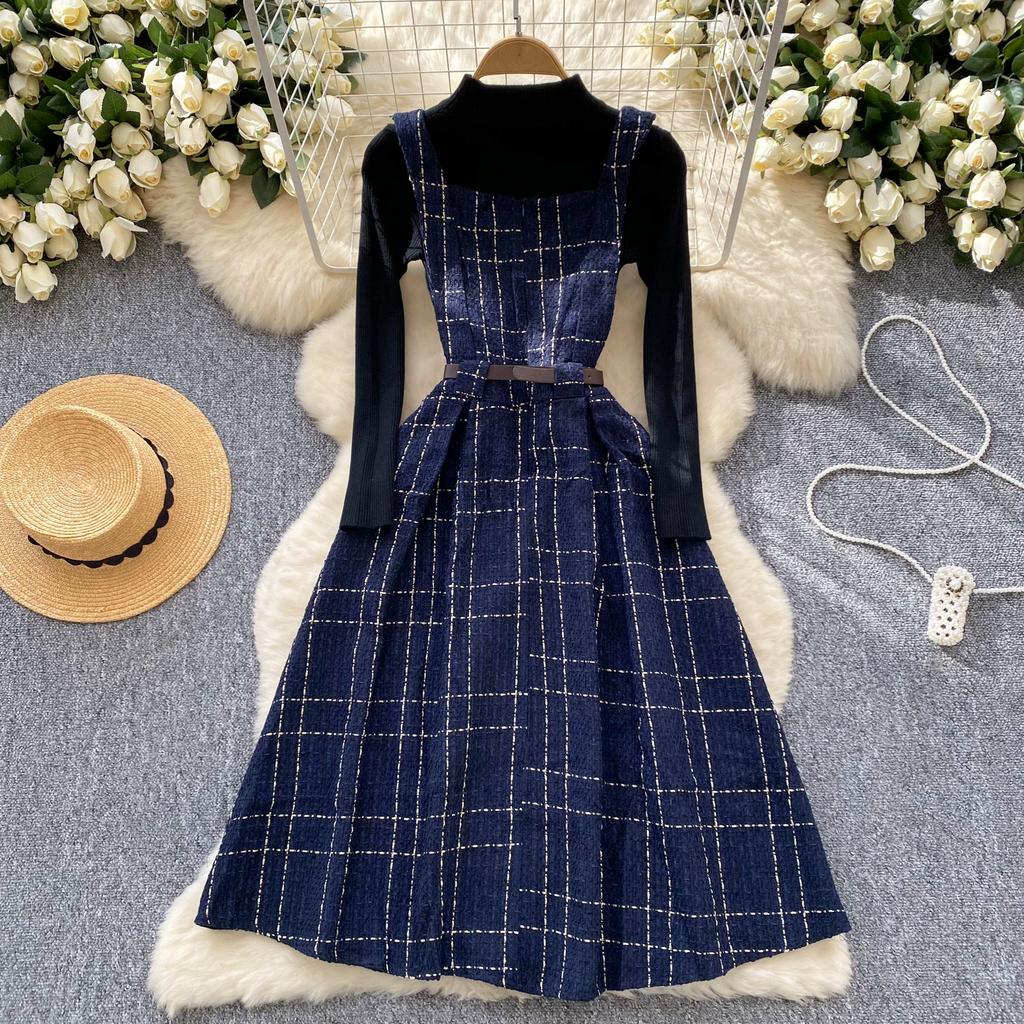 Fall Winter Women Sweater Dress Set Casual Knitted Pullover Tops + Plaid Tweed Dress 2 Piece Outfits Female With Belt