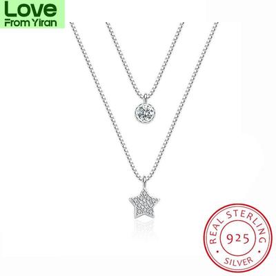 Doppellagige Zirkonia Stern 925 Sterlingsilber Halsketten für Frauen Kurze Kette Choker Geschenk S -N390