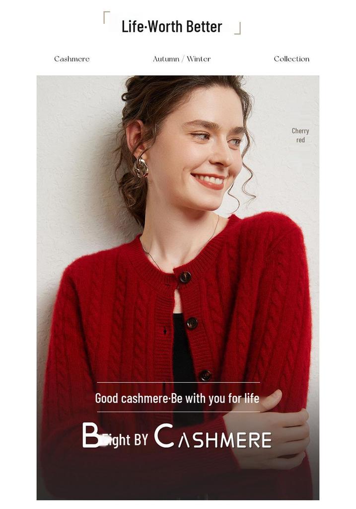 Women's Seven-Stitch Cable Knit Cashmere Cardigan - Long Sleeve, Loose Fit, Slimming, Warm, Round Neck, Single-Breasted