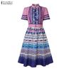 ZANZEA Women Stand Collar Casual Short Sleeve Retro Print A-line Dress