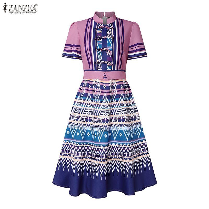 ZANZEA Women Stand Collar Casual Short Sleeve Retro Print A-line Dress