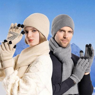 Hat Gloves Scarf Set Men's Winter Warm Knitted Hat Outdoor Riding Ear Protector Wool Hat Women