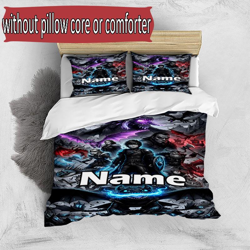 3pcs Duvet Cover Set (1*Duvet Cover + 2*Pillowcase, Without Core), Custom Name How to Train Your Dragon Pattern Bedding Set, Home Bedroom Decor Gift