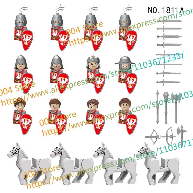 N501U-504U Medieval Castle Knight Building Blocks Figures Four Side UV Printing King Warhorse Weapons Accessories Toys Kid Gifts