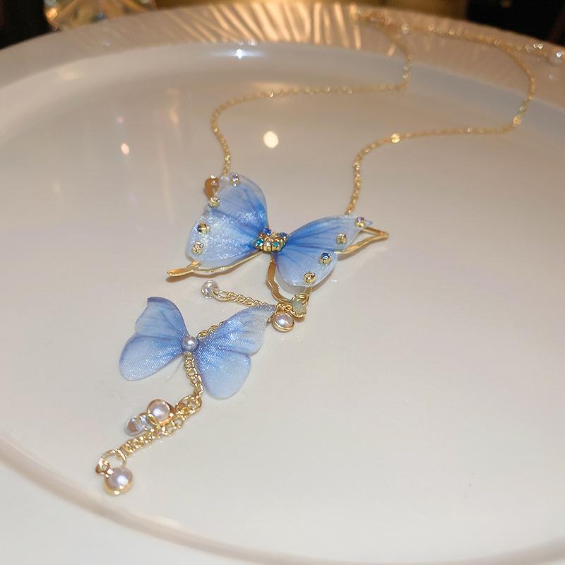 

Fashion Tulle Butterfly Necklace Rhinestone Pearl Charm Tassel Chain Necklace Vintage Party Jewelry Women Girl Gift синий