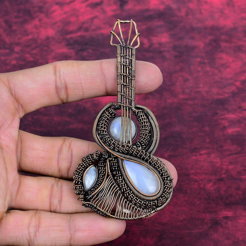 Rainbow Moonstone Pendant Gemstone Jewelry Copper Wire Wrapped Guitar Pendant