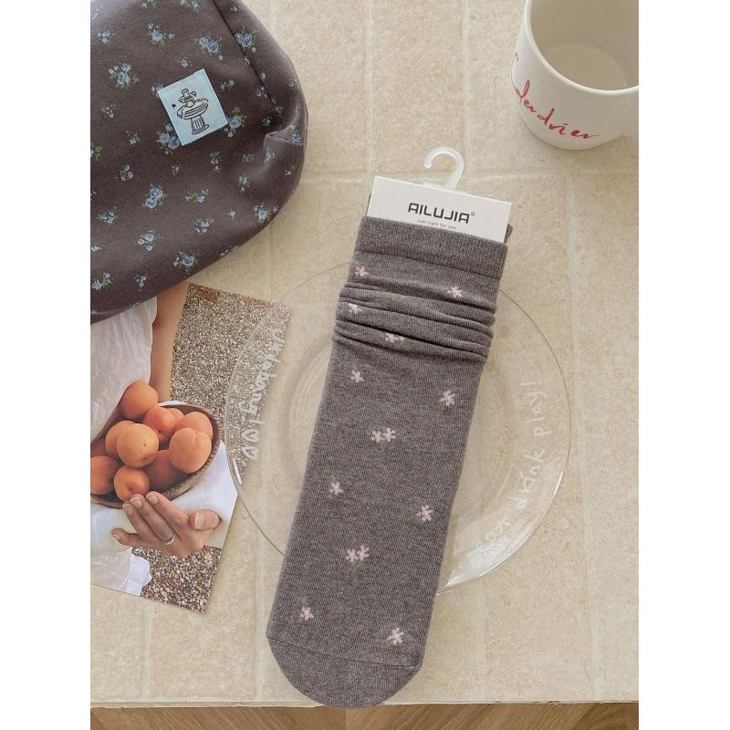 

Женские осенние простые ретро носки-гольфы с цветочным принтом в студенческом стиле 1 pair кофейный