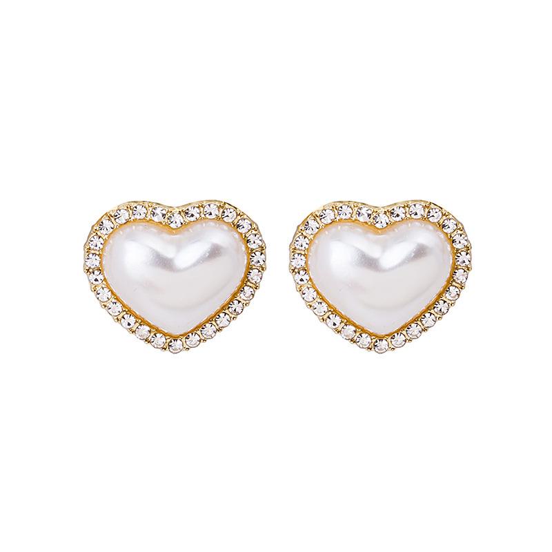 925 Silver Needle Korean Heart-shaped Pearl Stud Earrings with Rhinestone-inlaid Peach Heart Design e3238/основной