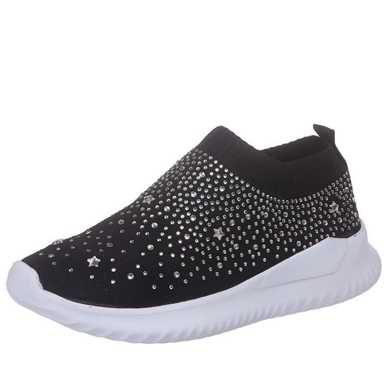 Large size rhinestone fly-woven women's autumn flat-bottomed casual shoes