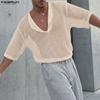INCERUN Oversized Men Deep V Long Sleeve Hollow Loose T-shirts Tops
