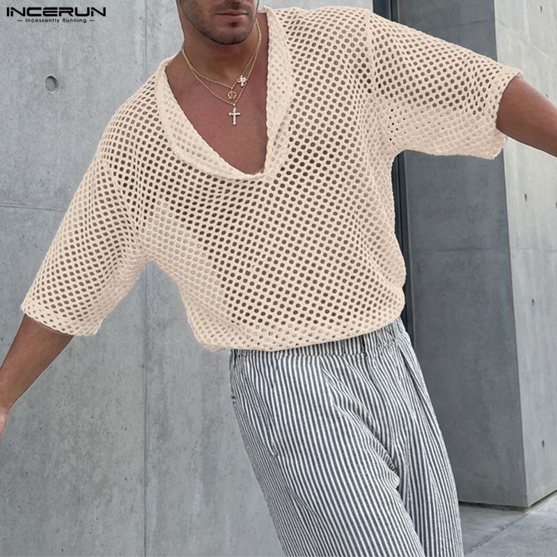 INCERUN Oversized Men Deep V Long Sleeve Hollow Loose T-shirts Tops
