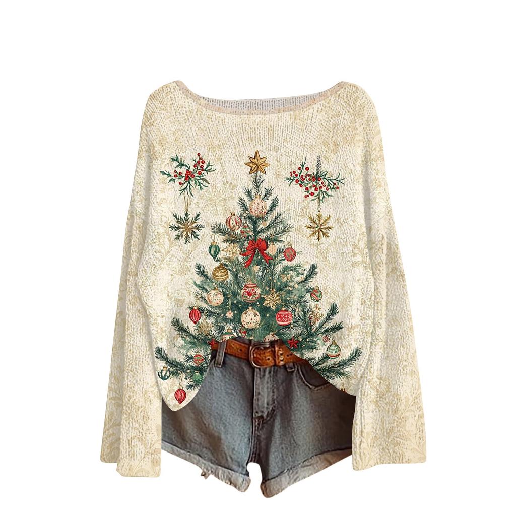 Women's Round Neck Lightweight Sweater Casual Long Sleeve Christmas Print Knit Pullover.