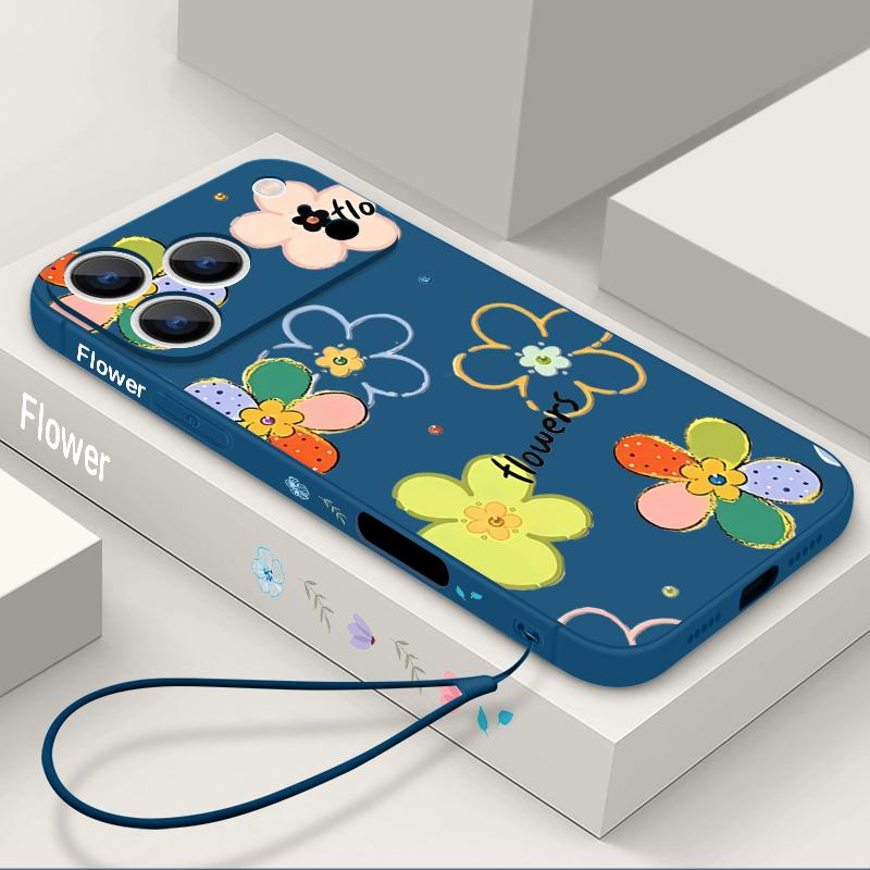 Colorful Flowers Pattern Lanyard Case For iPhone 17 Pro Max Funda iPhone 16 15 14 13 Pro Max 11 16E 17E Soft Silicone Cover