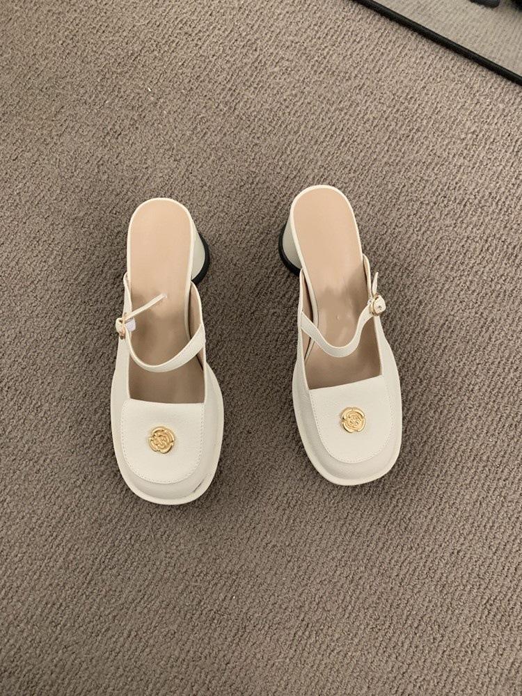 

Туфли-мюли на высоком каблуке с сумкой на носке женская верхняя одежда 2025 новая весна и лето толстый каблук французский ретро Мэри Джейн полусабо 39