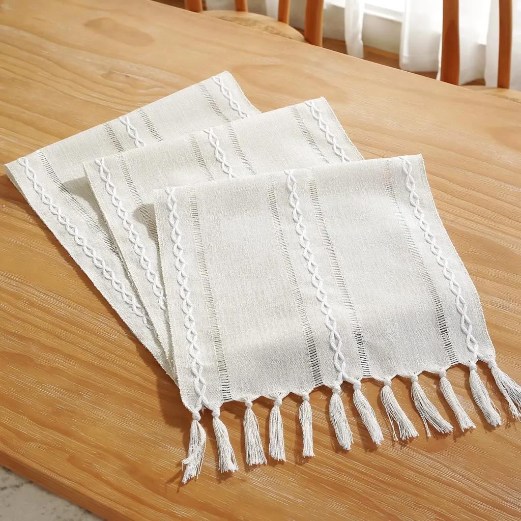 Rustic Farmhouse Style Linen Table Runner, Boho Handmade Tassel, Embroidered Table Runners for Party, Wedding and Dining Decor