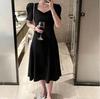 Plus Size Women's Summer Bow Back Dress - Waist-Cinching Slim Puff Sleeves Mid-Length Skirt