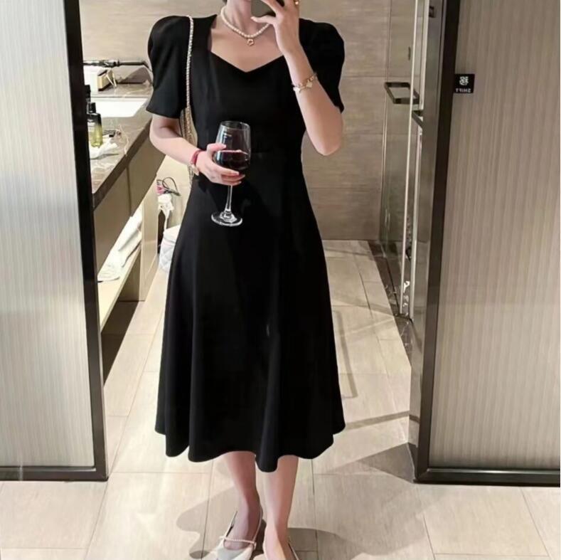 Plus Size Women's Summer Bow Back Dress - Waist-Cinching Slim Puff Sleeves Mid-Length Skirt
