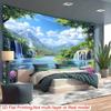 Waterfall Lake Tapestry Wall Hanging, Green Mountain Forest & Pink Flower Nature Landscape Wall Art for Home Decor