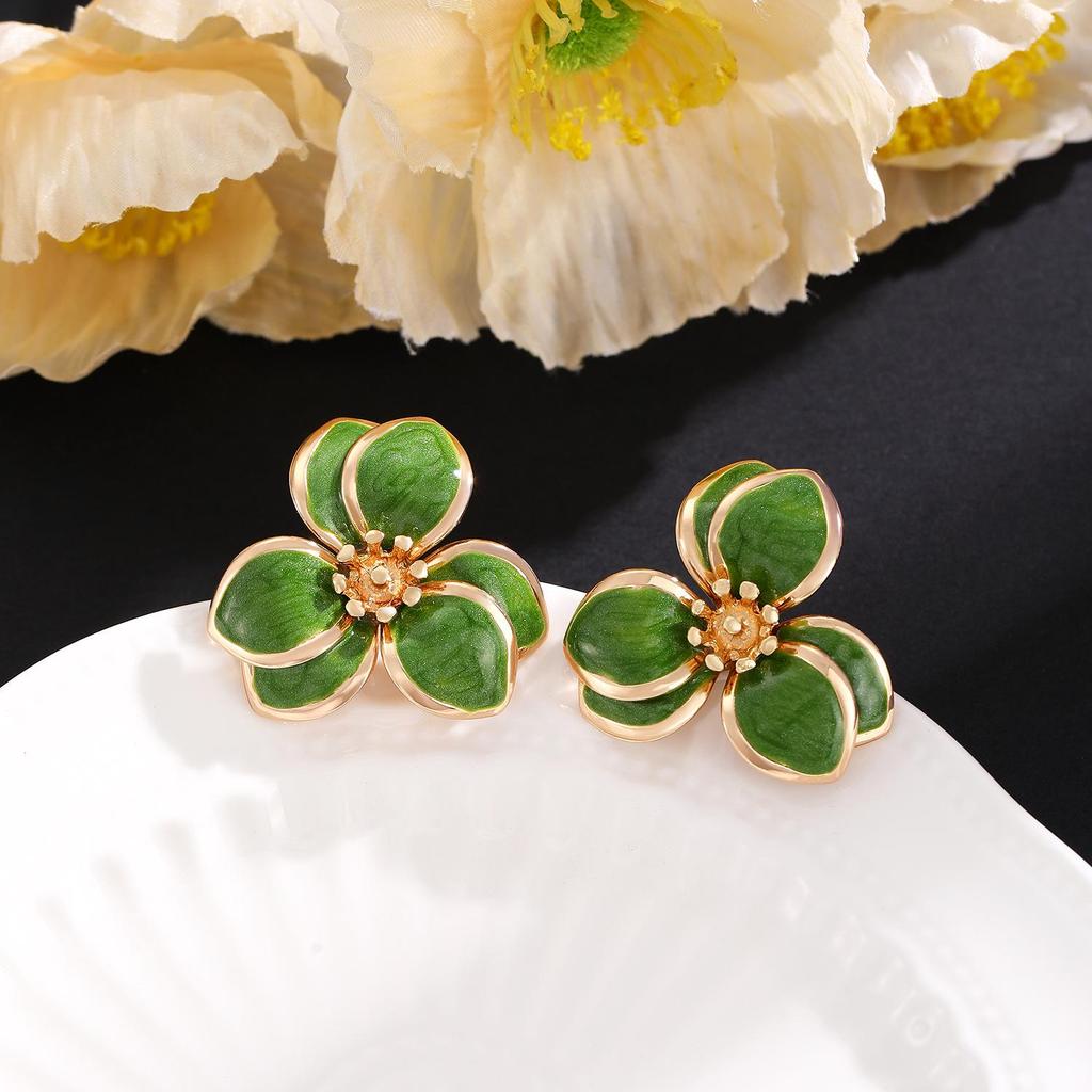Colorful Drip Oil Flower Stud Earrings - Simple Double-Layer Petal Design for Women, Perfect for Spring and Summer