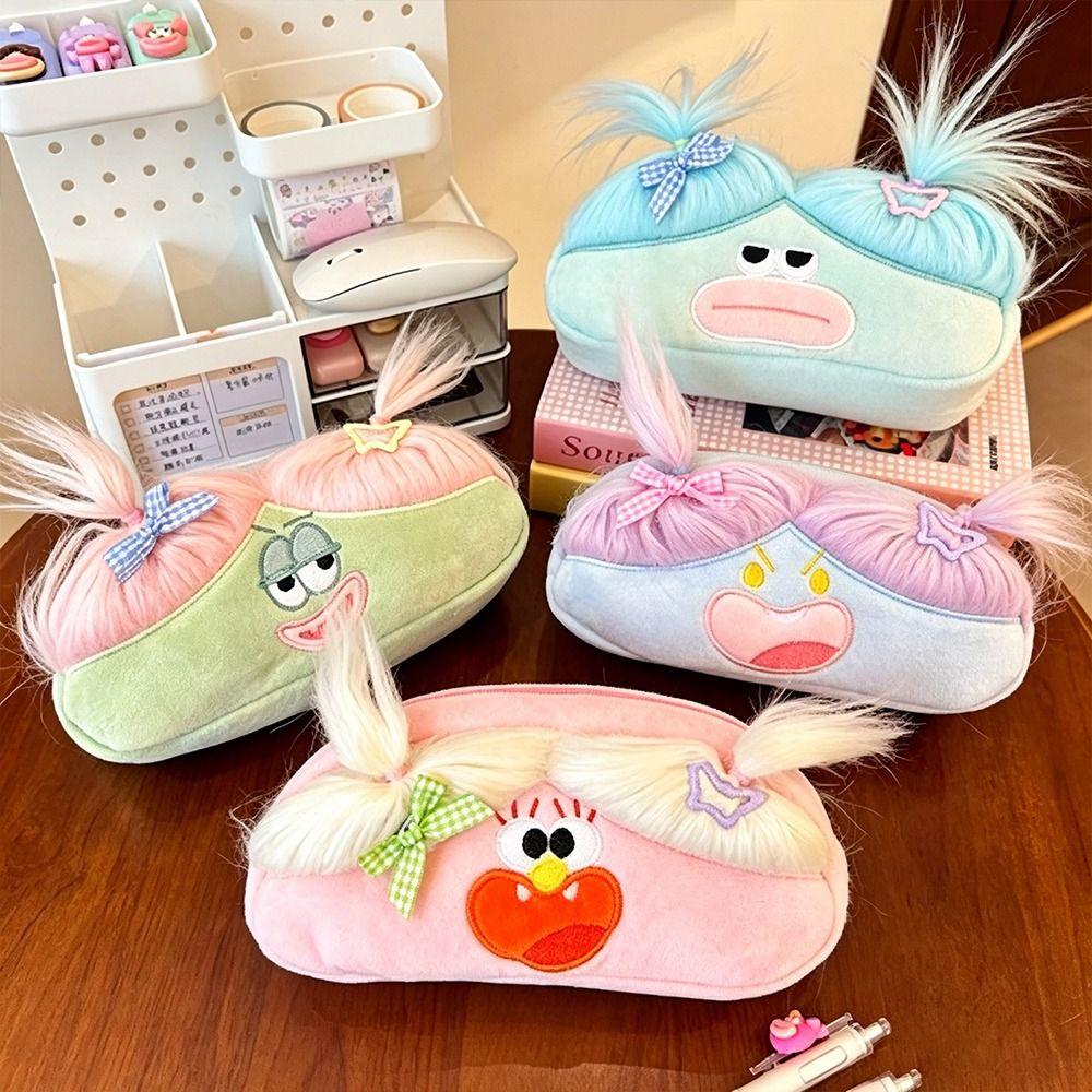 Cute Ugly Pencil Case with Ponytail Hair Pencil Pouch Cartoon Stationery Bag  Students