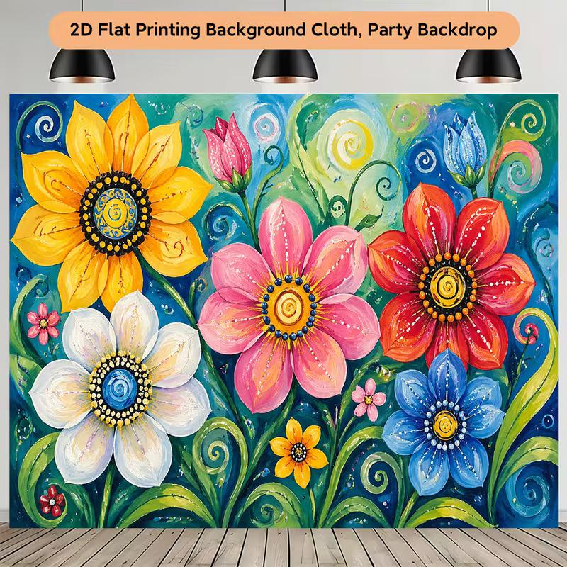 2D Bright Sunflower & Mixed Flowers Backdrop Folk Art Style Photo Background