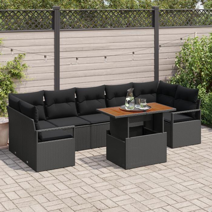 Ensemble de sofa de jardin de 8 pièces avec coussins en poly rattan noir acacia, Sofa de jardin de 2 places avec coussins en 3349680