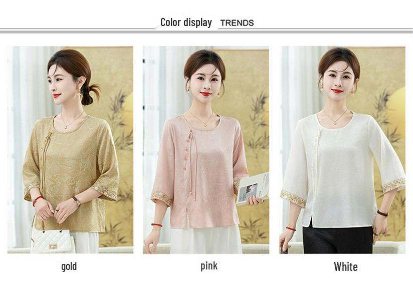2026 Spring/Summer Women's Retro Jacquard Round Neck Five-Point Sleeve Top