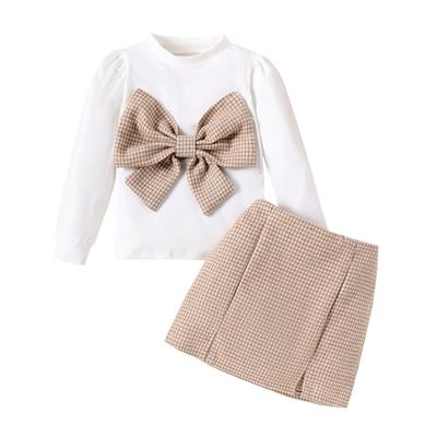 4-7Y Toddler Kid Baby Girl Clothes Sets Knit Bow Long Sleeve Tops Plaid Skirts Outfits Children Fall Spring Cloting