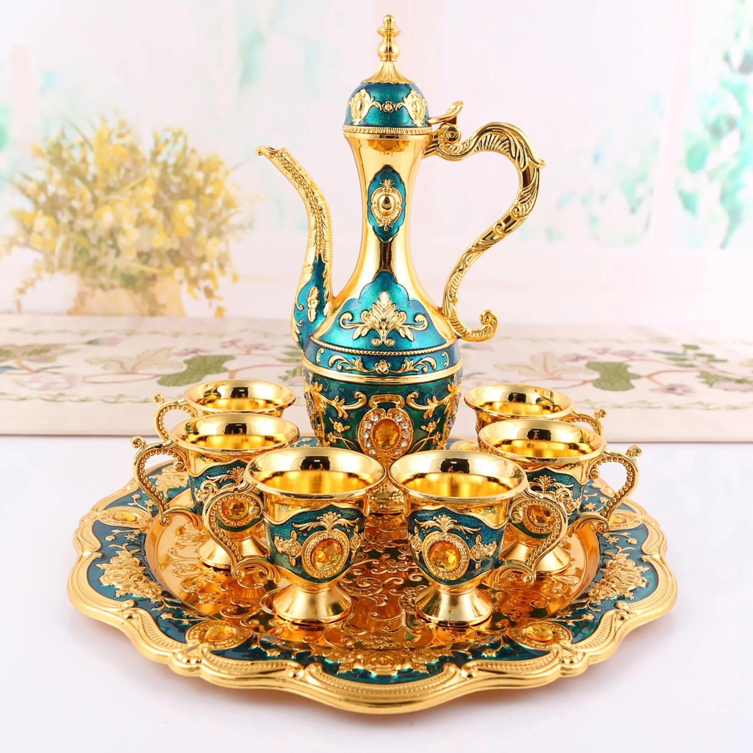 

European Style Tea Set 6 Luxury Coffee Cup Vintage Metal Turkish Coffee Pot Set Craft Tea Tray and Teapot for Serving Tea Gift светло-зеленый