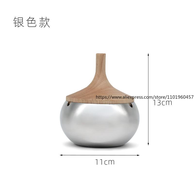 Stainless Steel Wooden Lid Ashtray Large Household Living Room Office Cigarette Holder Anti-Flying Ash Fall Thickened Silver