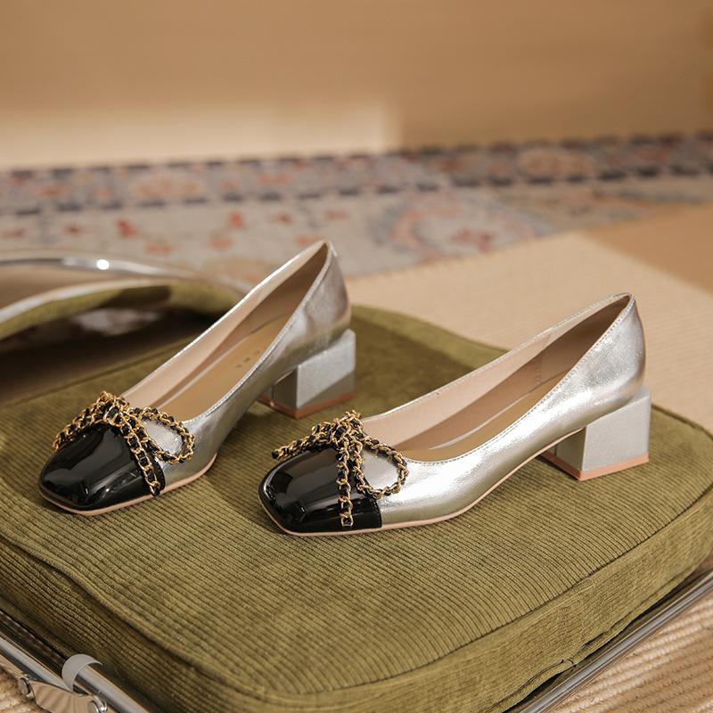 53309 [sheepskin] Square Head High Heels Women's Thick Heel 2025 New Color Matching Bow Light Mouth Medium Heel Single Shoes
