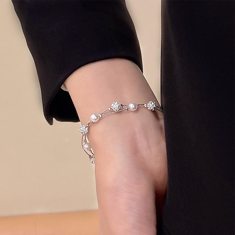 Korean Double-Layered Pearl Bracelet with Starry Sky and Diamond Beads - Same Style as Internet Celebrity Bracelet