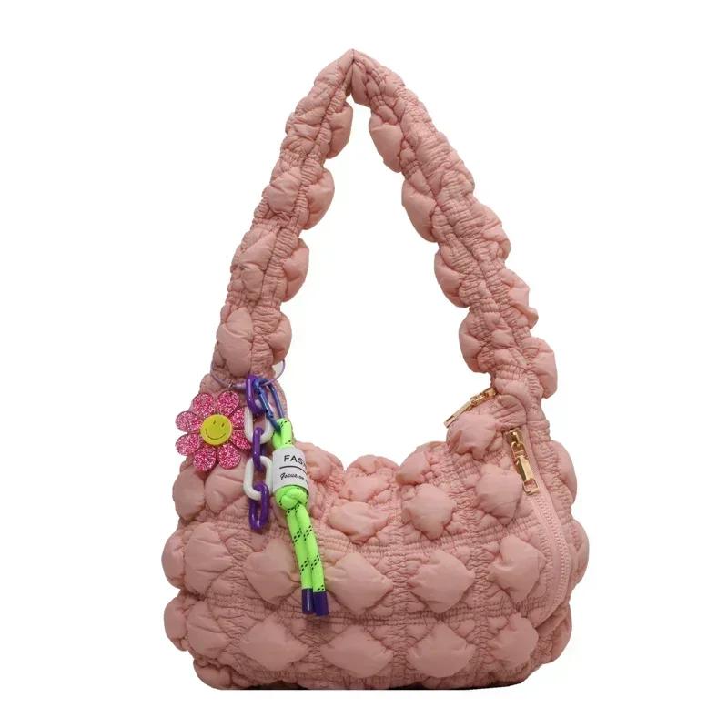 Hobo axelväska med dragkedja mångsidig modeväska enkel pendelformad crossbody-väska mjuk bomull monokrom