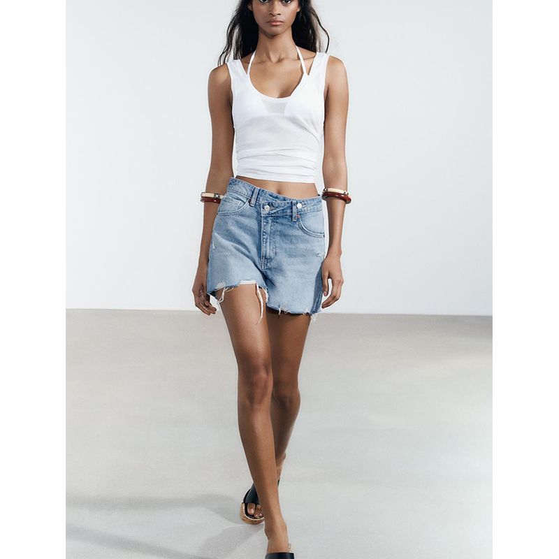 Summer Women's Clothing Asymmetric Design Perforated Hole Decoration Loose Plaid High Waist Denim Shorts 4060006