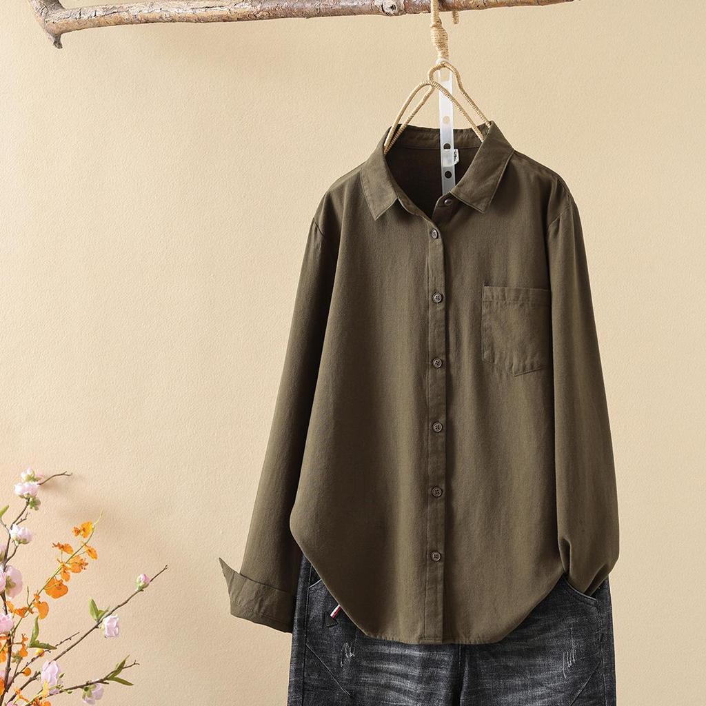 Solid Color Pure Cotton Long Sleeve Unisex Women's Shirt - Japanese Casual Style 