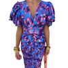 V-neck new printed casual V-neck tight-fitting hip-wrapped waist bubble short-sleeved dress