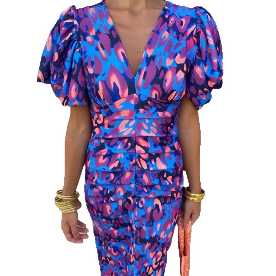 V-neck new printed casual V-neck tight-fitting hip-wrapped waist bubble short-sleeved dress