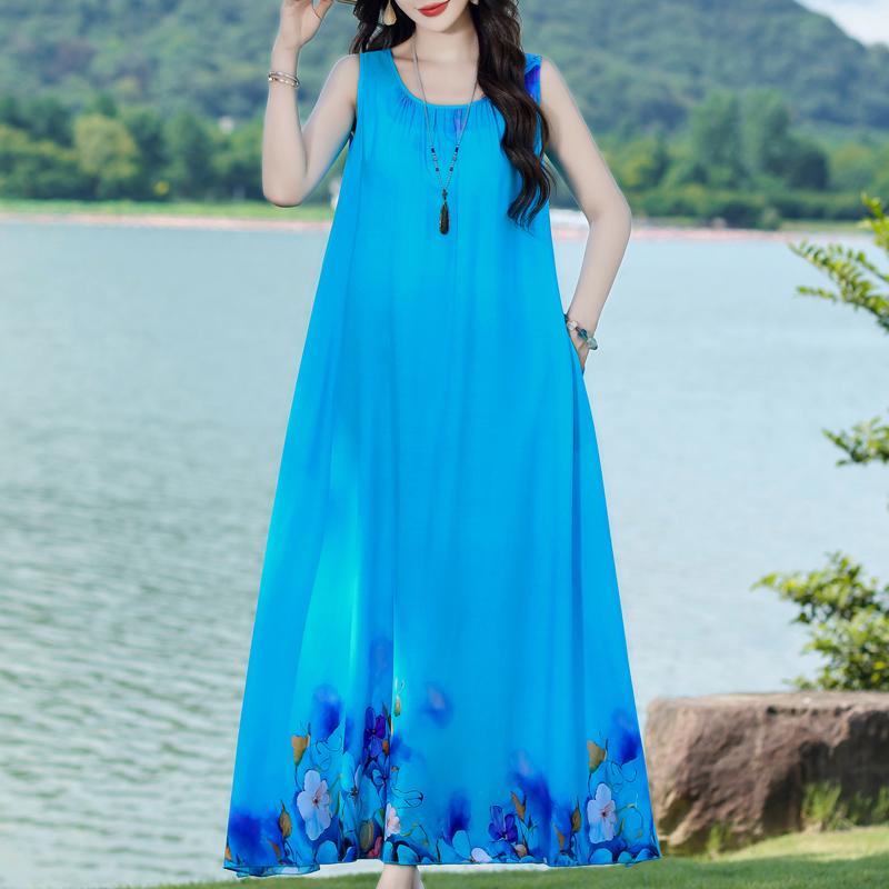 Damen Sommerkleid Vintage Kleidung Lässig Ärmellos Lange Kleider