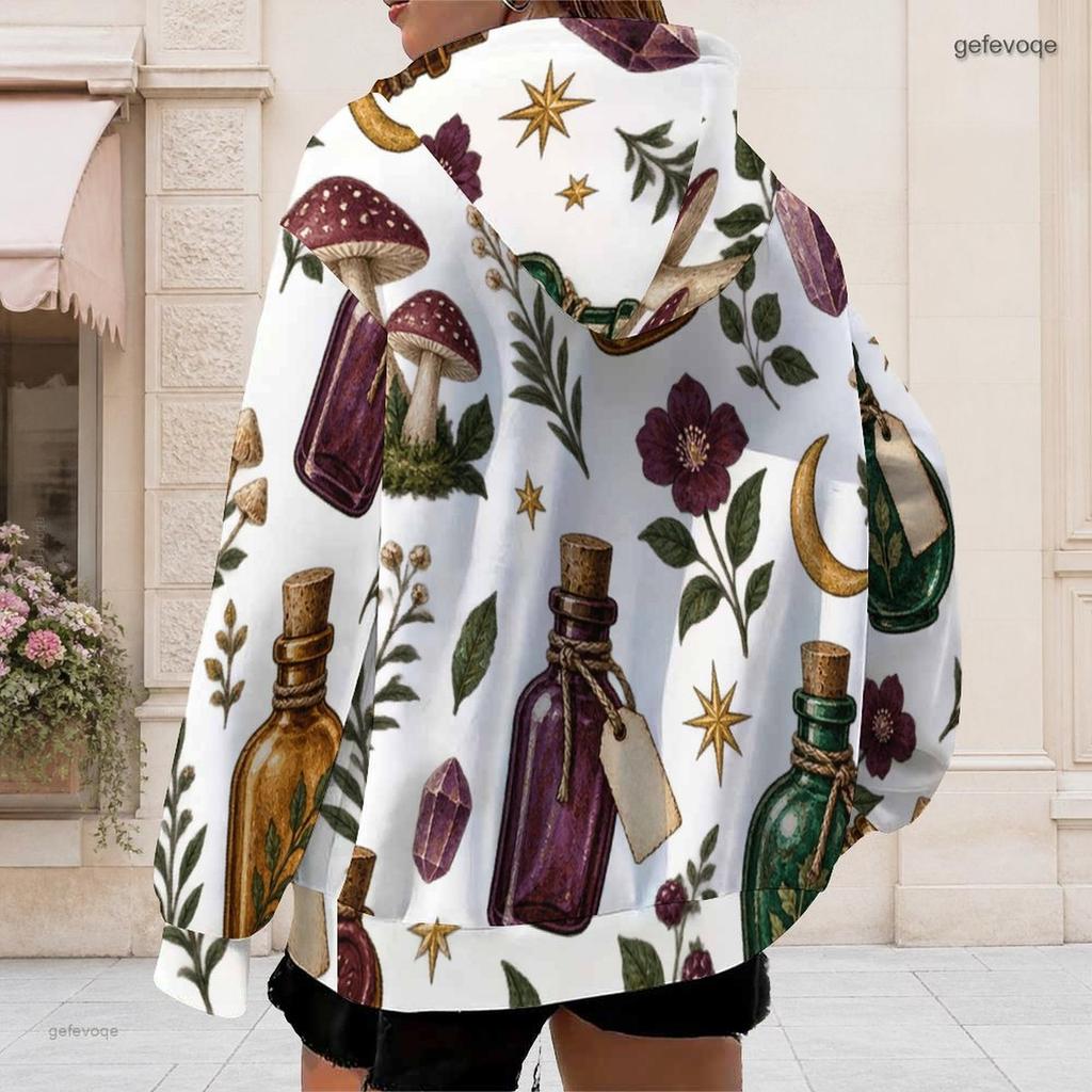 Women Plus Size Zip Up Long Sleeve Hoodie White Raven Rose Key Print Drawstring Hood With Pockets