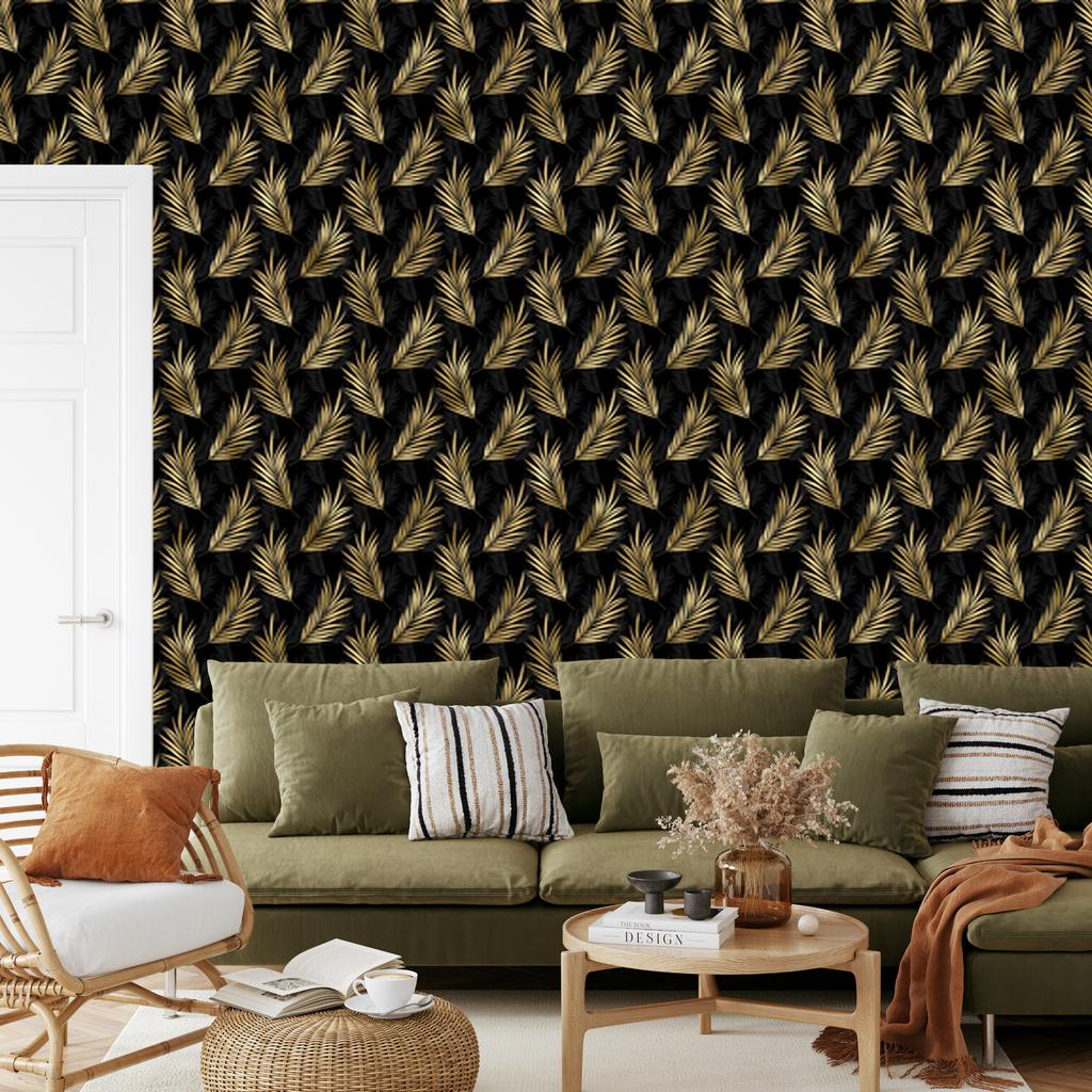 Black and Gold Tropical Ochre Pattern Wallpaper, Ochre Center 50x1000