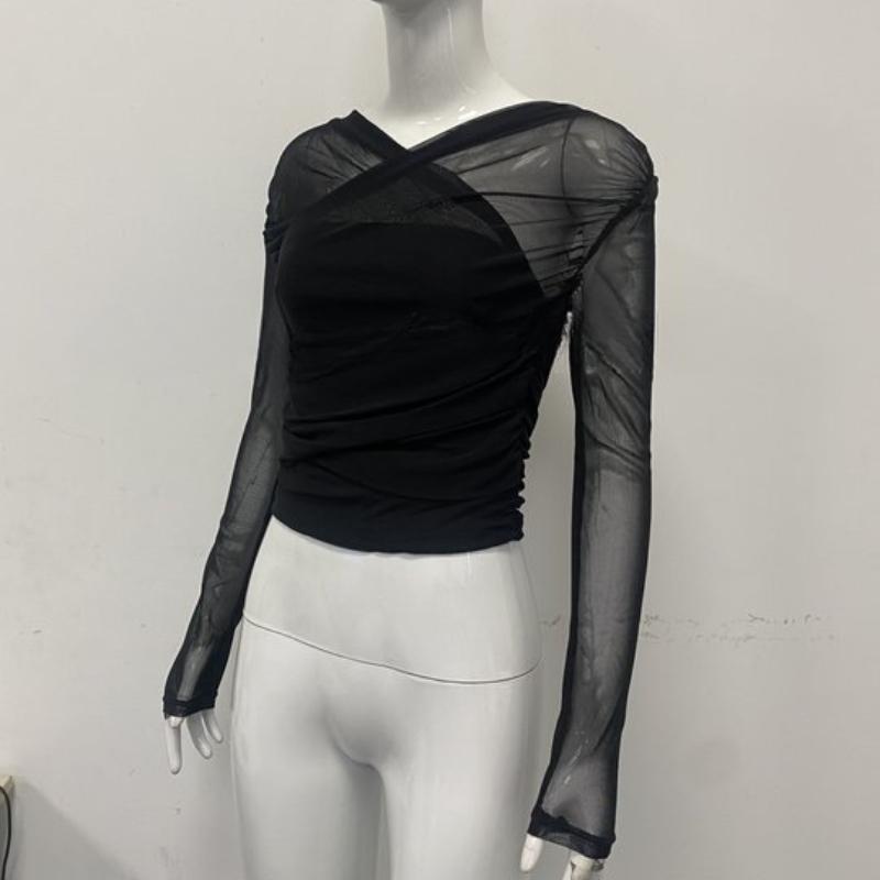 

Европейский и американский весенне-осенний однотонный сетчатый топ с перекрещенным вырезом, сексуальный, со складками, с длинным рукавом L чёрный