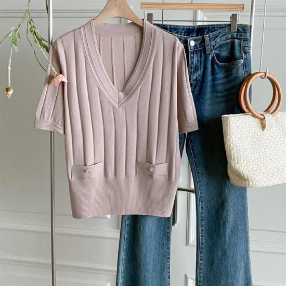 New ArriVals Open Run Women Loose V Neck Smock Pocket Short sleeVe Knit