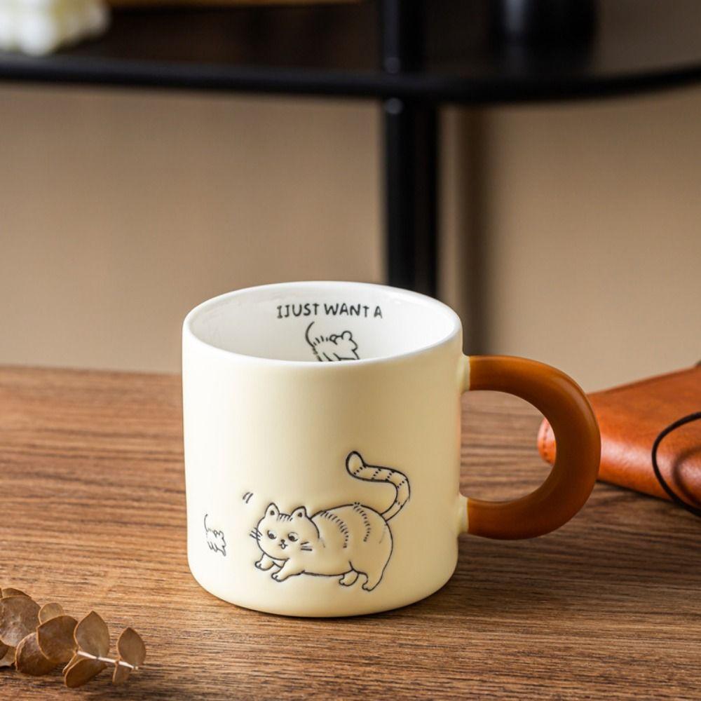 Hand Drawn Ceramic Coffee Cup with Spoon Cartoon Cat Drinkware Cat Vintage Mug  Breakfast